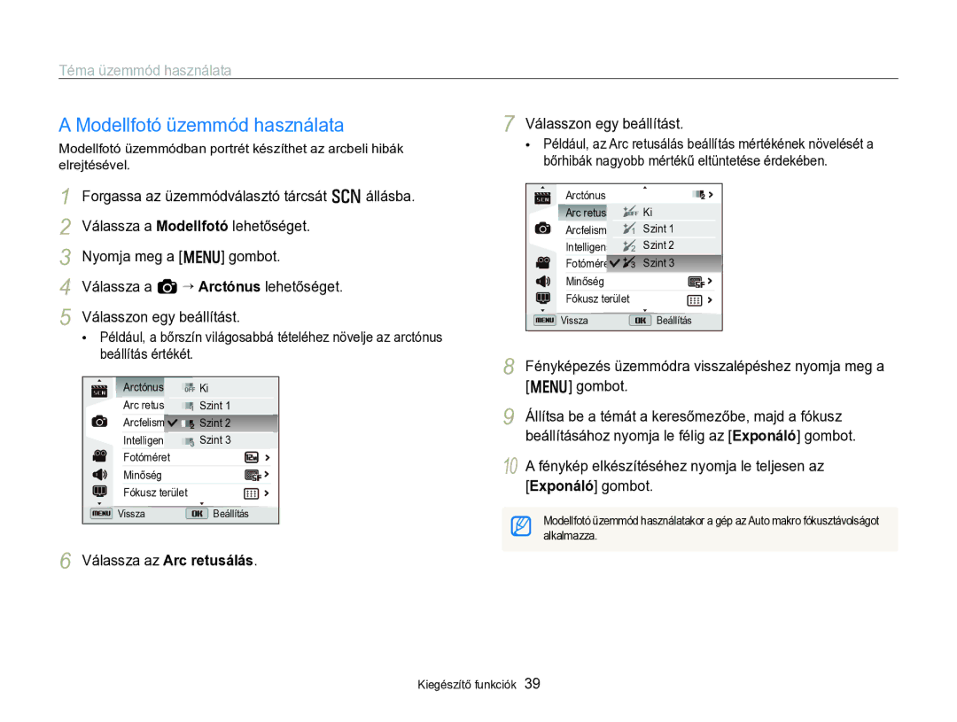 Samsung EC-WB750ZBPBE3 Modellfotó üzemmód használata, Válassza az Arc retusálás, Válasszon egy beállítást, Alkalmazza 