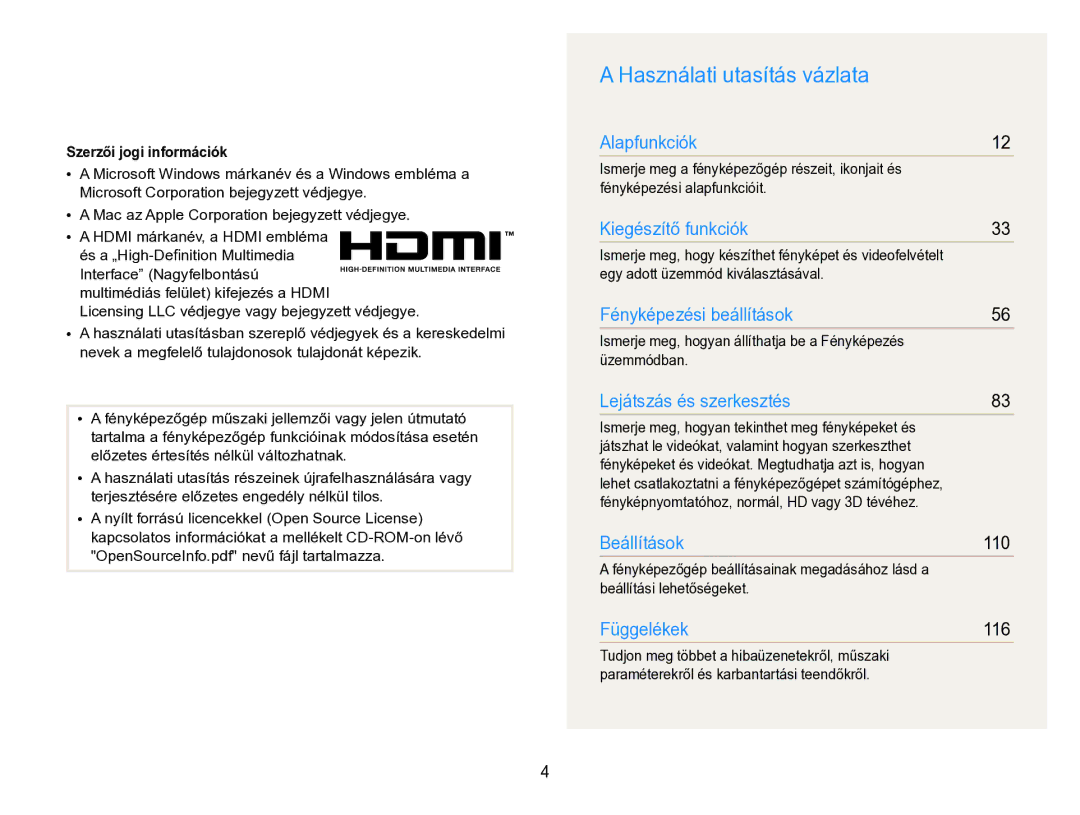 Samsung EC-WB750ZBPBE2, EC-WB750ZBPBE3 manual Használati utasítás vázlata, Szerzői jogi információk 