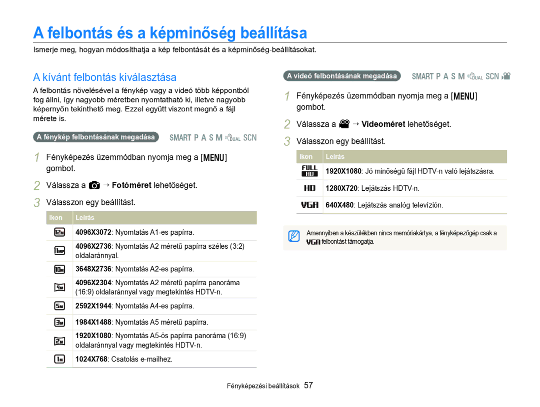 Samsung EC-WB750ZBPBE3, EC-WB750ZBPBE2 manual Felbontás és a képminőség beállítása, Kívánt felbontás kiválasztása 