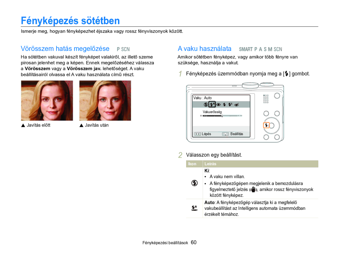 Samsung EC-WB750ZBPBE2, EC-WB750ZBPBE3 Fényképezés sötétben, Vörösszem hatás megelőzése p s, Vaku használata S p a h M s 