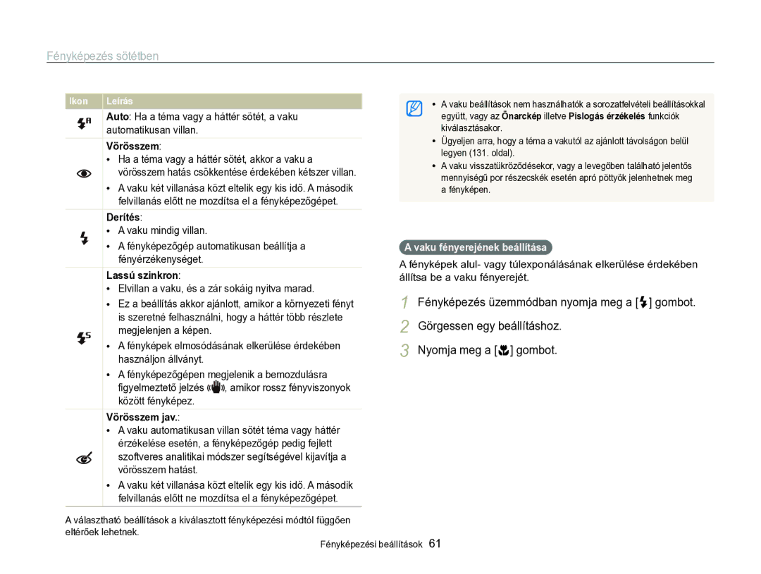 Samsung EC-WB750ZBPBE3 manual Fényképezés sötétben, Görgessen egy beállításhoz, Nyomja meg a c gombot, Automatikusan villan 