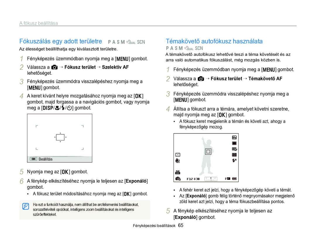 Samsung EC-WB750ZBPBE3, EC-WB750ZBPBE2 manual Fókuszálás egy adott területre p a h M d s, Témakövető autofókusz használata 