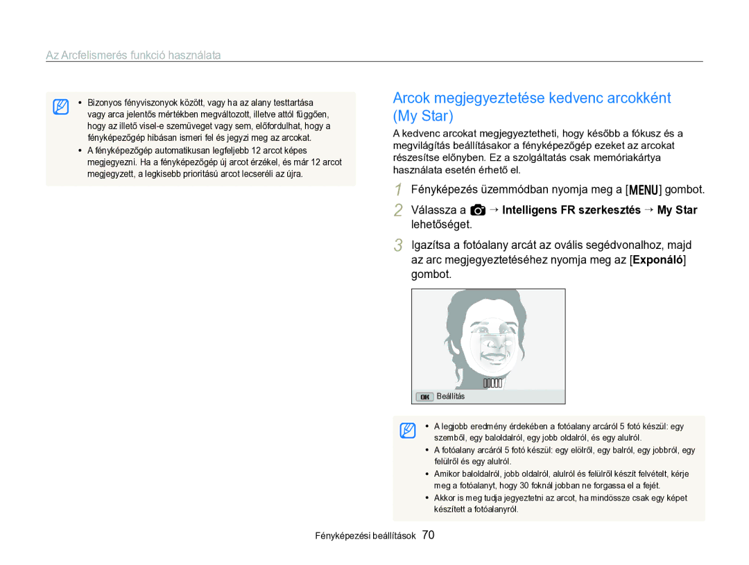 Samsung EC-WB750ZBPBE2, EC-WB750ZBPBE3 manual Arcok megjegyeztetése kedvenc arcokként My Star 