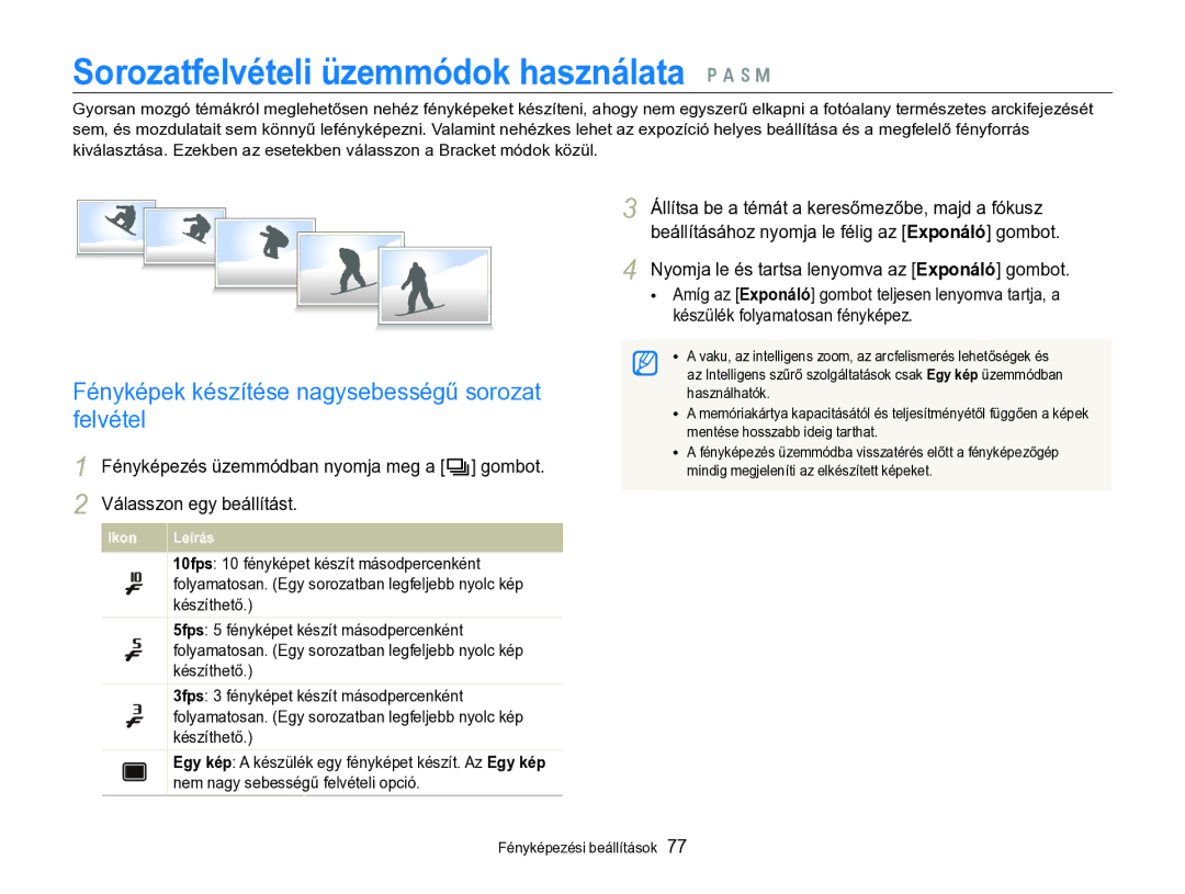 Samsung EC-WB750ZBPBE3 Sorozatfelvételi üzemmódok használata p a h M, Fényképek készítése nagysebességű sorozat felvétel 