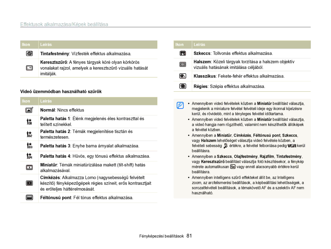 Samsung EC-WB750ZBPBE3, EC-WB750ZBPBE2 manual Effektusok alkalmazása/Képek beállítása, Videó üzemmódban használható szűrők 