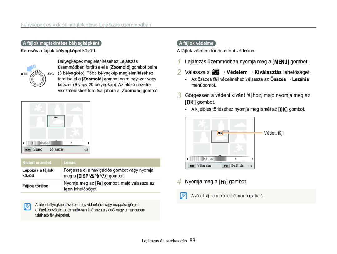 Samsung EC-WB750ZBPBE2 manual Fájlok megtekintése bélyegképként, Meg a D/c/F/t gombot, Igen lehetőséget, Fájlok védelme 