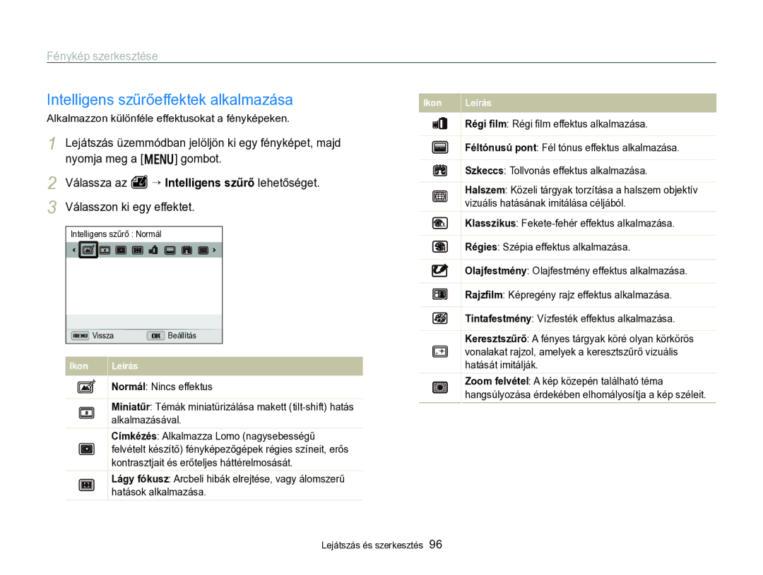 Samsung EC-WB750ZBPBE2 manual Fénykép szerkesztése, Alkalmazzon különféle effektusokat a fényképeken, Hatását imitálják 