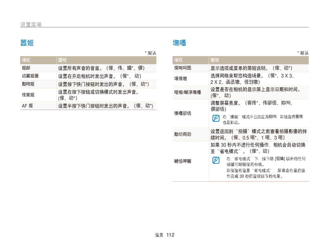 Samsung EC-WB750ZBPBE2 manual 设置菜单, 设置所有声音的音量。（关、低、中*、高）, 快速查看 设置返回到拍摄模式之前查看拍摄影像的持 续时间。（关、0.5 秒*、1 秒、3 秒）, 至省电模式。（关*、开） 