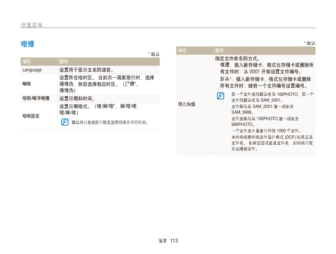 Samsung EC-WB750ZBPBE3, EC-WB750ZBPBE2 设置用于显示文本的语言。, 访问地，然后选择相应时区。（本国*、, 访问地）, 日期/时间设置 设置日期和时间。 设置日期格式。（年/月/日*、月/日/年、 日期类型 