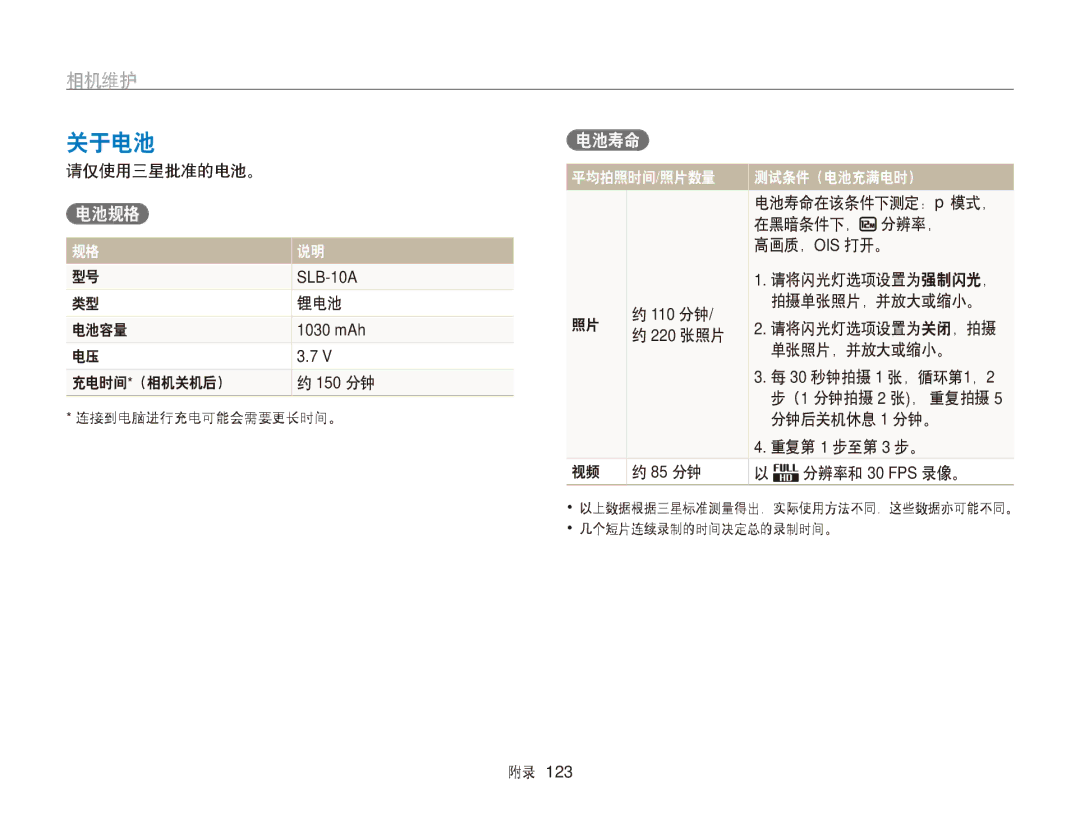 Samsung EC-WB750ZBPBE3, EC-WB750ZBPBE2 manual 关于电池, 电池规格, 电池寿命 