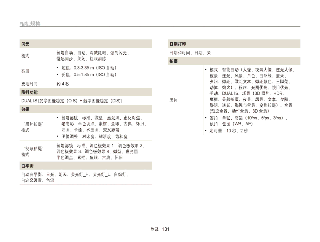 Samsung EC-WB750ZBPBE3, EC-WB750ZBPBE2 manual 相机规格 