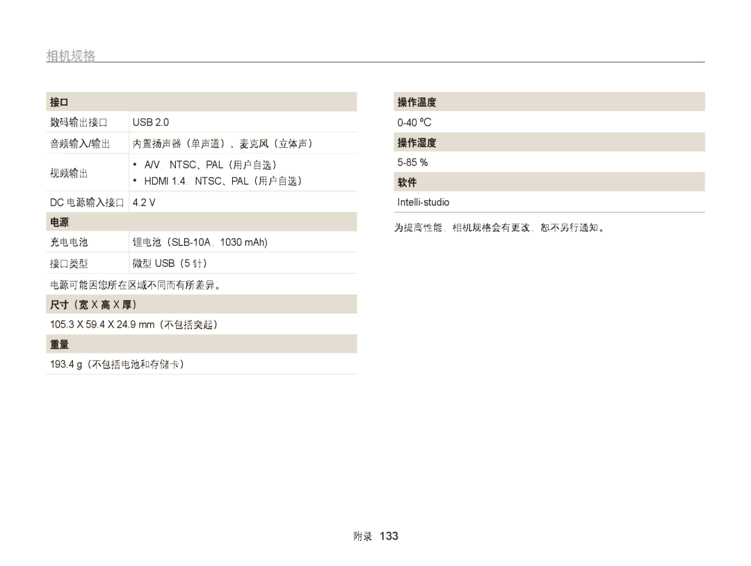 Samsung EC-WB750ZBPBE3 数码输出接口, 音频输入/输出 内置扬声器（单声道）、麦克风（立体声） 视频输出, 接口类型 微型 USB（5 针） 电源可能因您所在区域不同而有所差异。 尺寸（宽 X 高 X 厚）, 操作湿度 