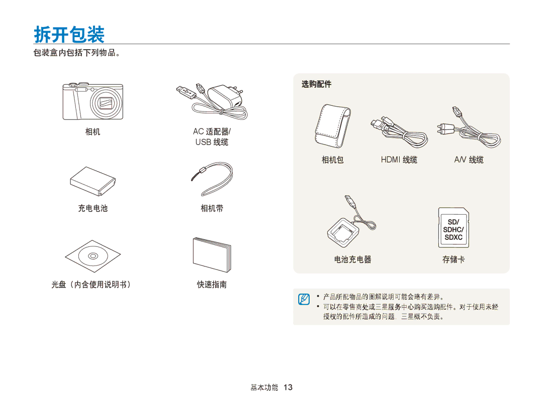 Samsung EC-WB750ZBPBE3, EC-WB750ZBPBE2 manual 拆开包装, 包装盒内包括下列物品。, 充电电池相机带 光盘（内含使用说明书） 快速指南 选购配件 相机包, 电池充电器 存储卡, 基本功能 