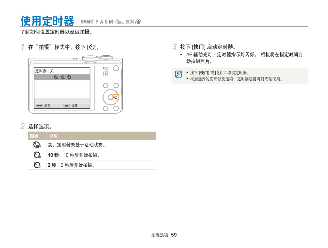 Samsung EC-WB750ZBPBE3 manual 在拍摄模式中，按下 t。, 按下 快门 启动定时器。, 了解如何设置定时器以延迟拍摄。, ：定时器未处于活动状态。 10 秒：10 秒后开始拍摄。 ：2 秒后开始拍摄。 拍摄选项 