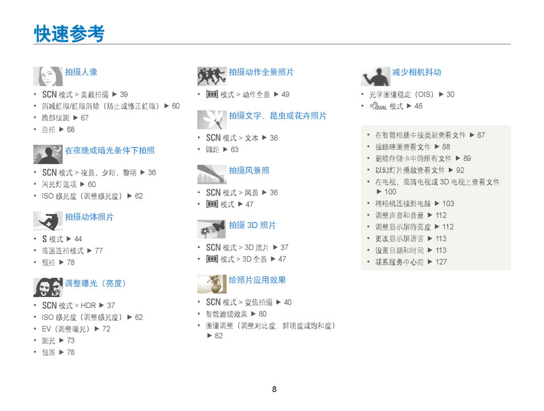 Samsung EC-WB750ZBPBE2, EC-WB750ZBPBE3 manual 快速参考, 减少相机抖动 