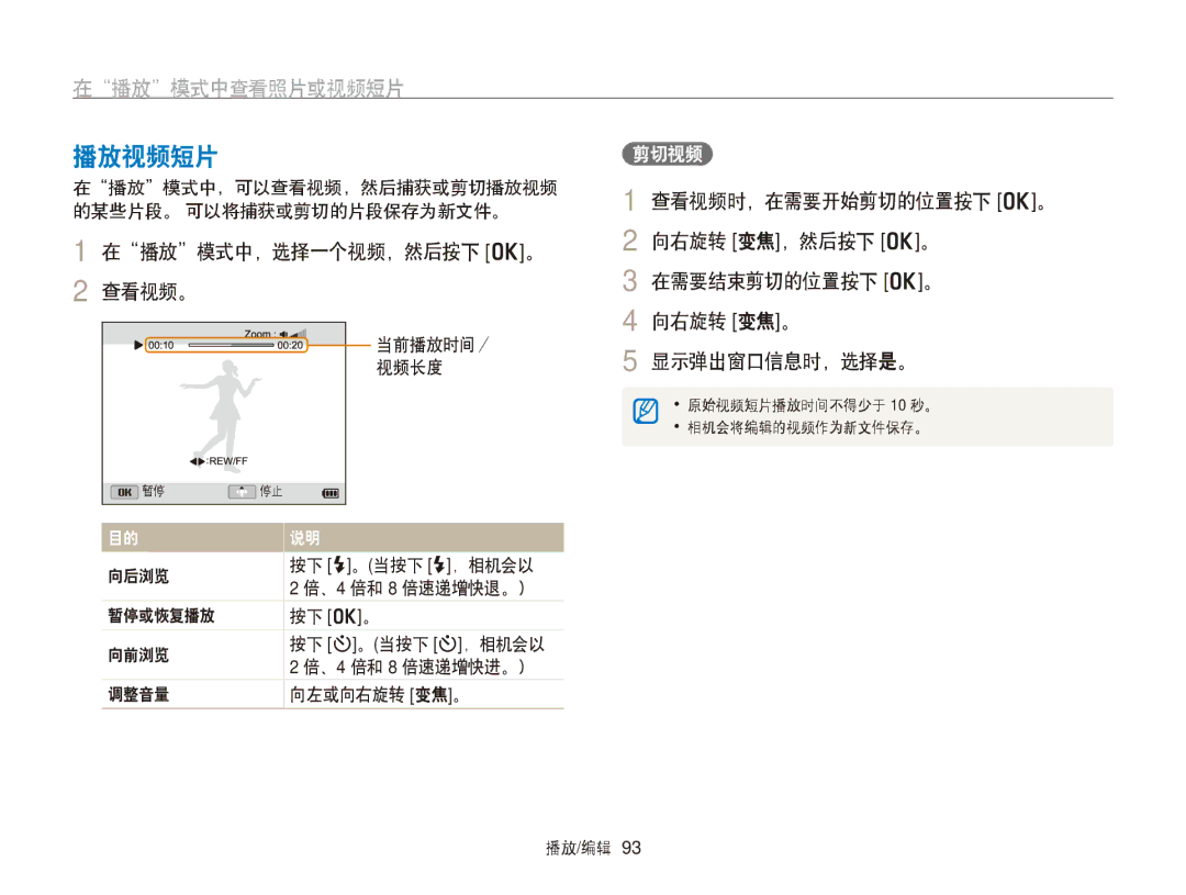 Samsung EC-WB750ZBPBE3 播放视频短片, 在播放模式中，选择一个视频，然后按下 o。 2 查看视频。, 剪切视频, 在播放模式中，可以查看视频，然后捕获或剪切播放视频 的某些片段。 可以将捕获或剪切的片段保存为新文件。 