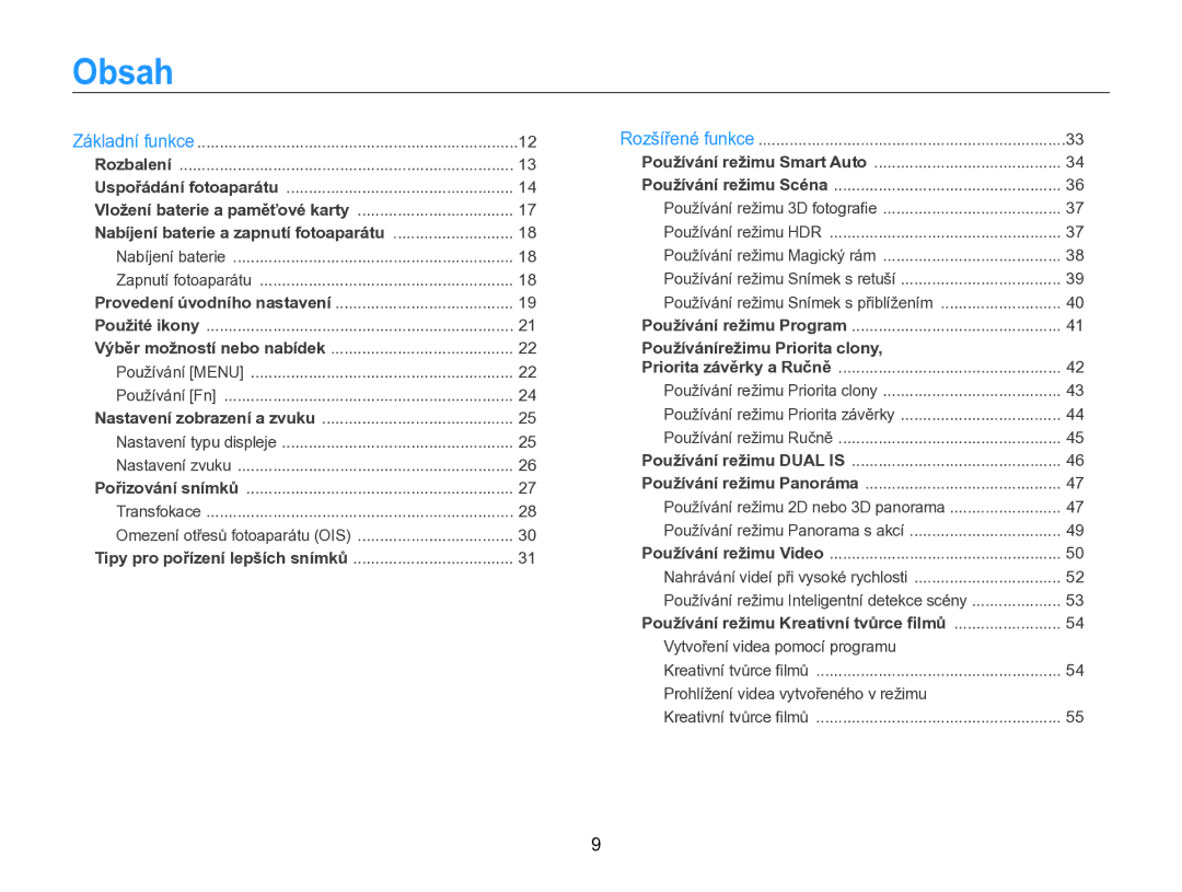 Samsung EC-WB750ZBPBE3 manual Obsah, Nabíjení baterie a zapnutí fotoaparátu 