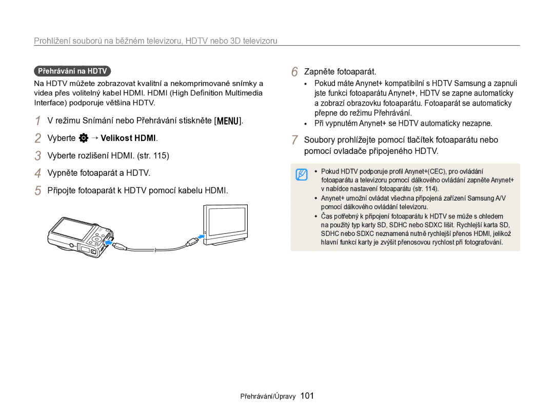 Samsung EC-WB750ZBPBE3 manual Pomocí ovladače připojeného Hdtv, Přehrávání na Hdtv 