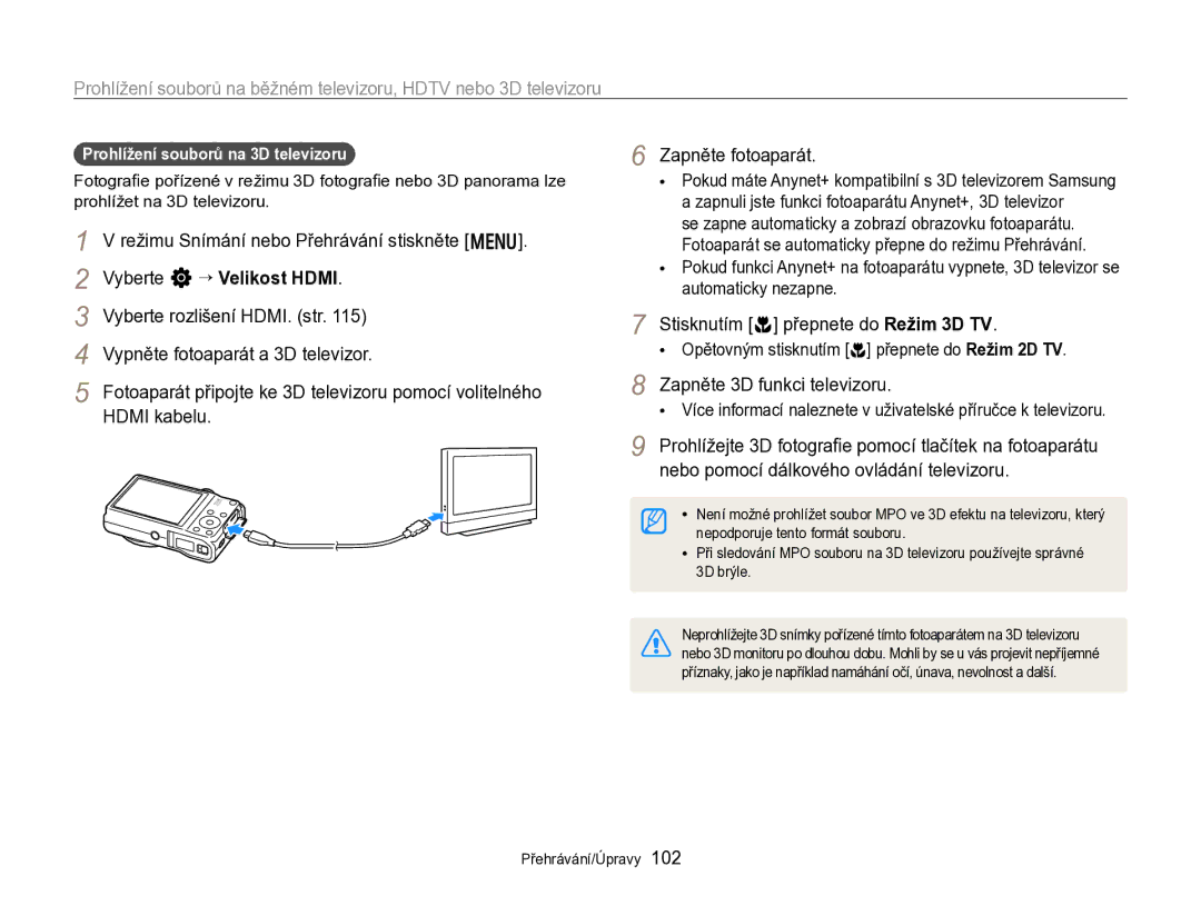 Samsung EC-WB750ZBPBE3 manual Vyberte n “ Velikost Hdmi, Vypněte fotoaparát a 3D televizor, Hdmi kabelu 