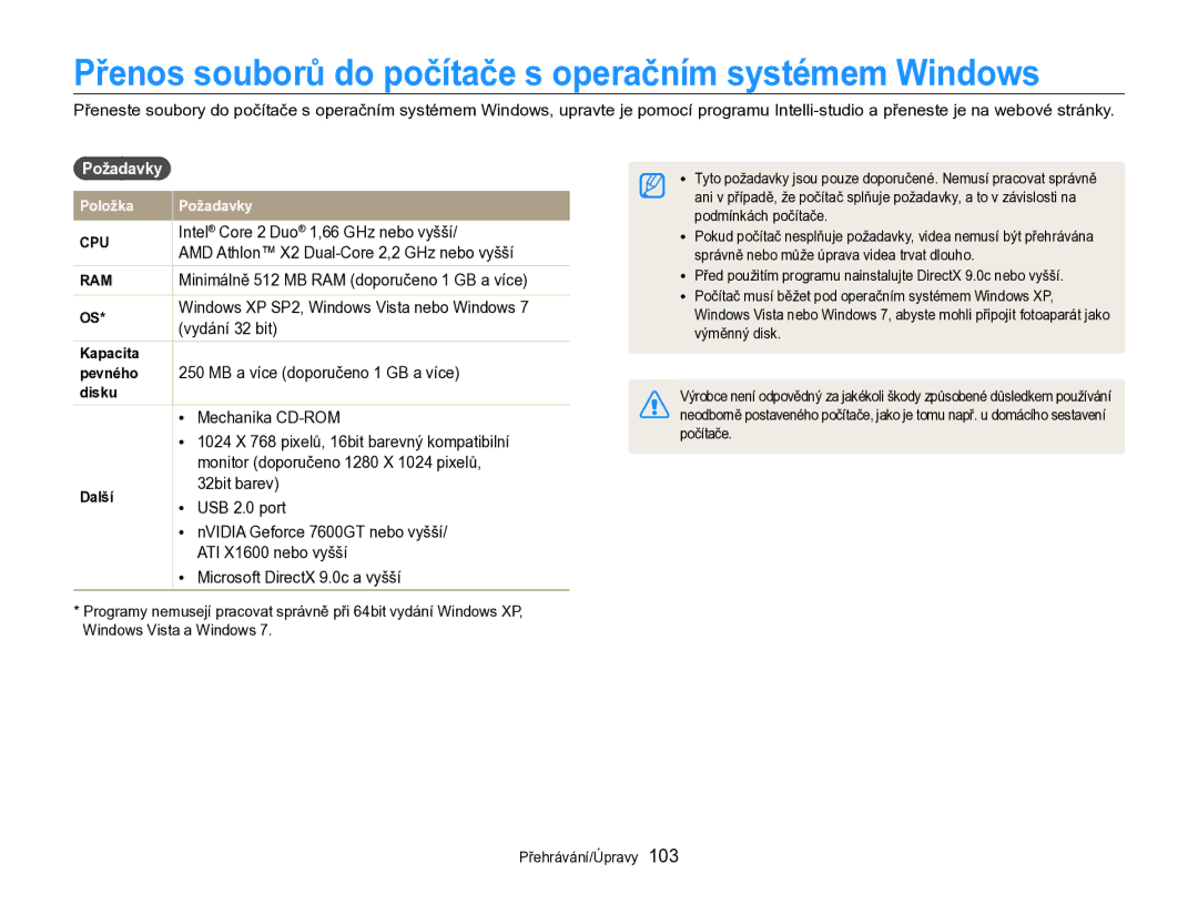 Samsung EC-WB750ZBPBE3 manual Přenos souborů do počítače s operačním systémem Windows, Požadavky 