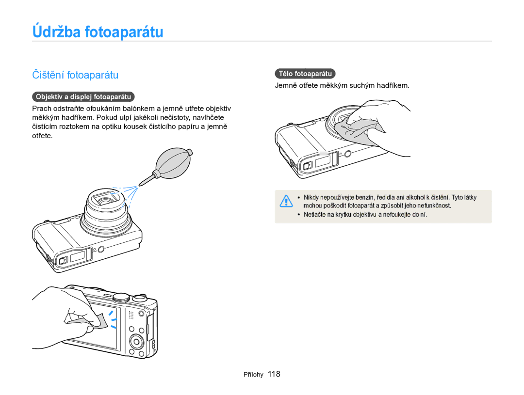 Samsung EC-WB750ZBPBE3 manual Údržba fotoaparátu, Čištění fotoaparátu, Objektiv a displej fotoaparátu, Tělo fotoaparátu 