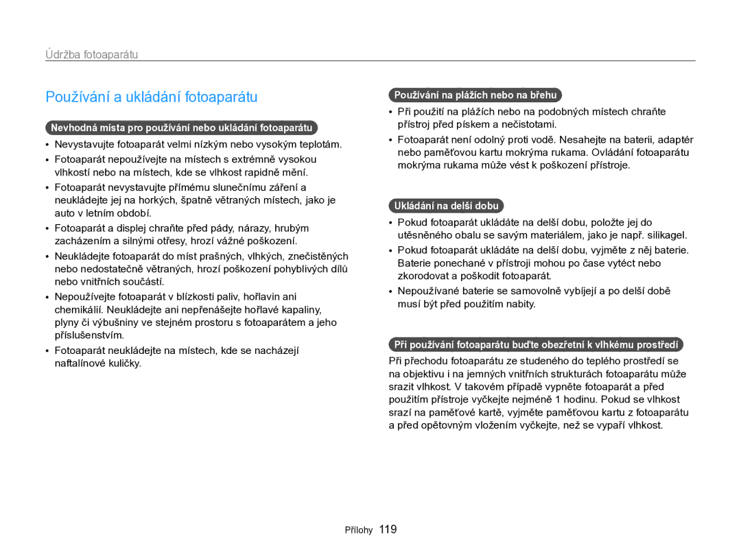 Samsung EC-WB750ZBPBE3 manual Používání a ukládání fotoaparátu, Údržba fotoaparátu, Používání na plážích nebo na břehu 