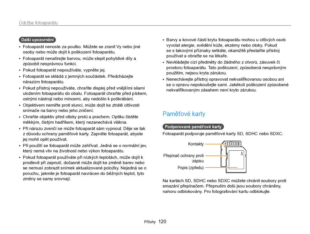 Samsung EC-WB750ZBPBE3 manual Paměťové karty, Další upozornění, Podporované paměťové karty 