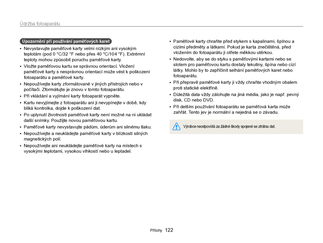 Samsung EC-WB750ZBPBE3 manual Upozornění při používání paměťových karet 