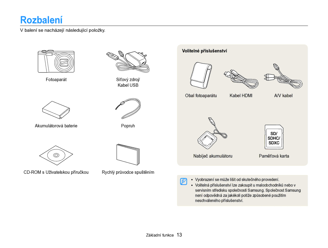 Samsung EC-WB750ZBPBE3 manual Rozbalení, Volitelné příslušenství 