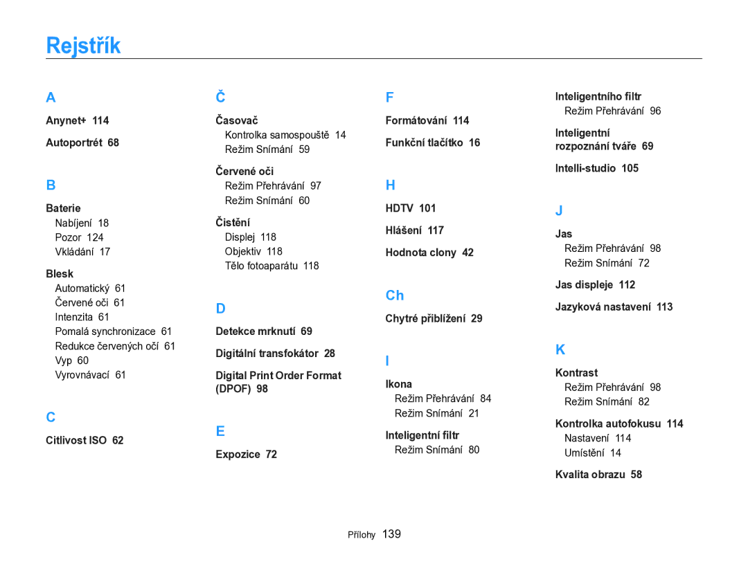 Samsung EC-WB750ZBPBE3 manual Rejstřík 