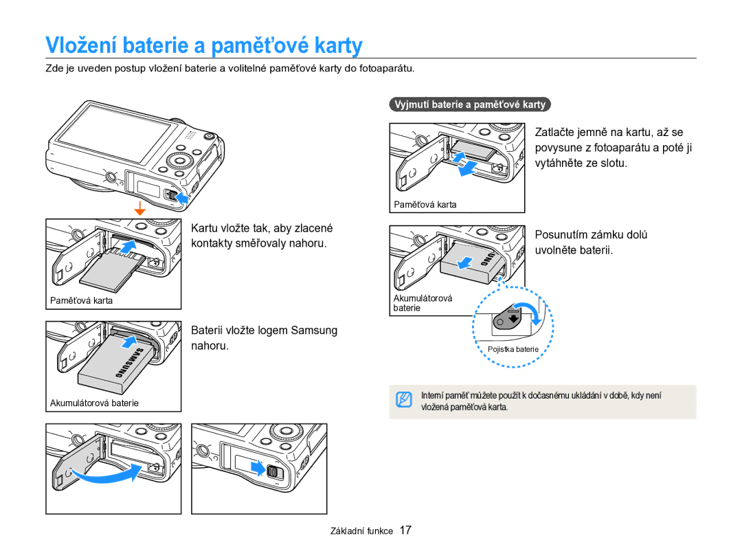 Samsung EC-WB750ZBPBE3 manual Vložení baterie a paměťové karty, Baterii vložte logem Samsung nahoru 