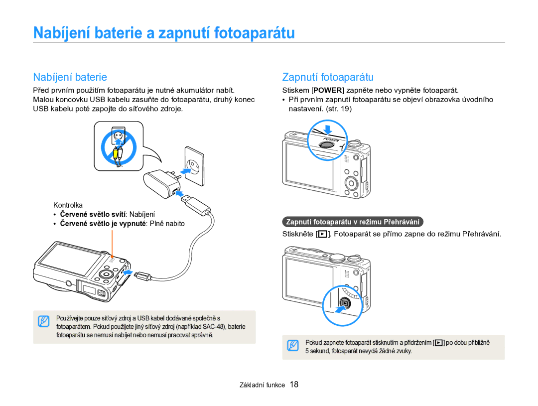 Samsung EC-WB750ZBPBE3 manual Nabíjení baterie a zapnutí fotoaparátu, Zapnutí fotoaparátu 