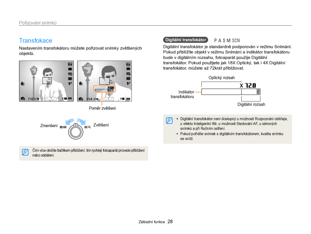 Samsung EC-WB750ZBPBE3 manual Transfokace, Pořizování snímků, Digitální transfokátor p a h M s, Digitální rozsah 