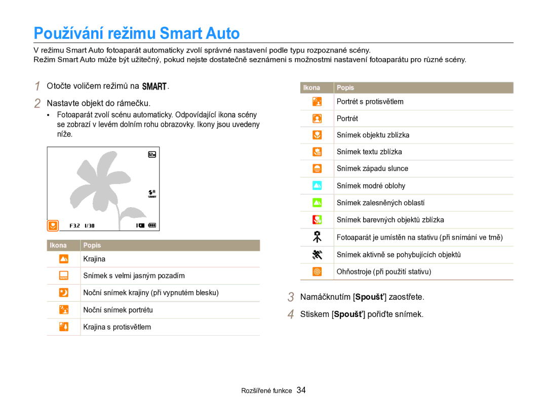 Samsung EC-WB750ZBPBE3 manual Používání režimu Smart Auto, Otočte voličem režimů na T Nastavte objekt do rámečku 