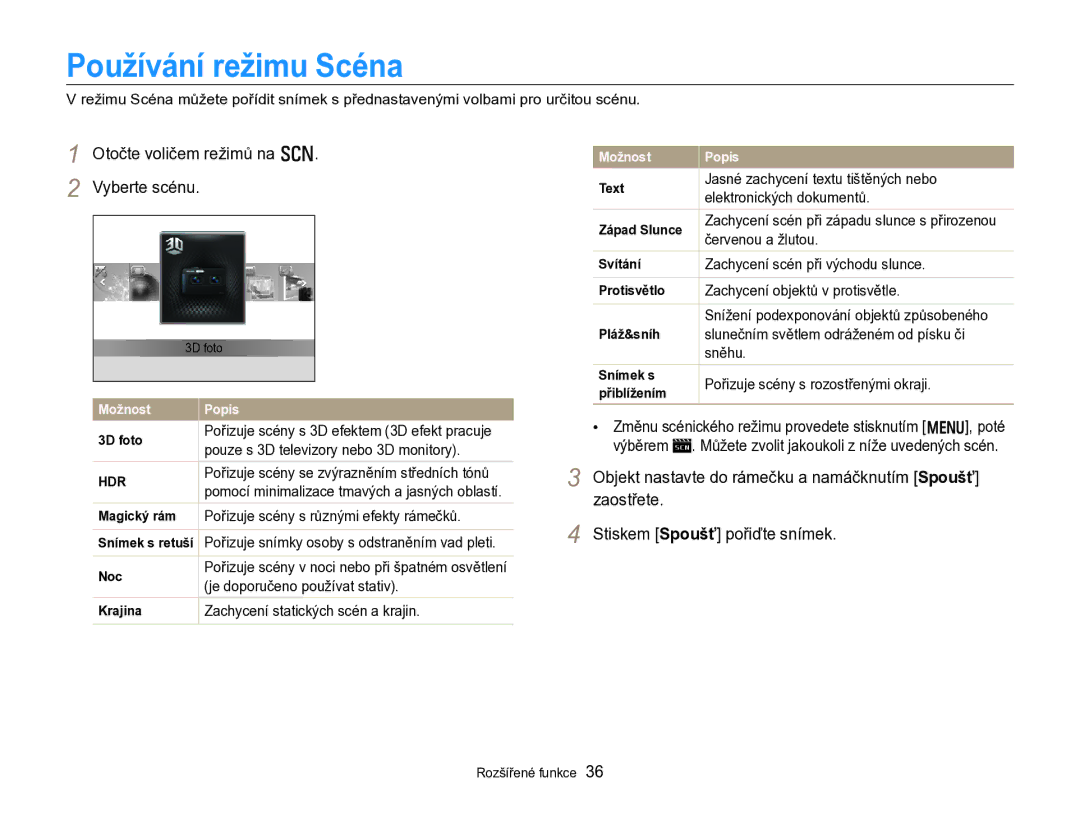 Samsung EC-WB750ZBPBE3 manual Používání režimu Scéna, Otočte voličem režimů na s Vyberte scénu 