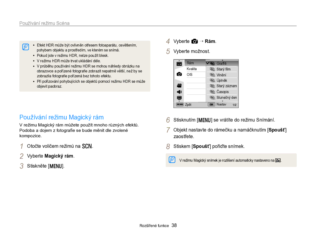 Samsung EC-WB750ZBPBE3 manual Používání režimu Magický rám, Otočte voličem režimů na s Vyberte Magický rám Stiskněte m 