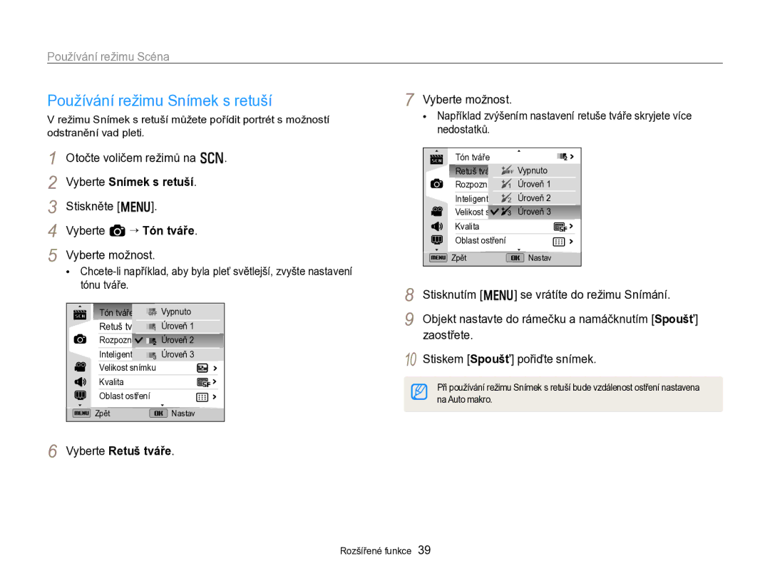 Samsung EC-WB750ZBPBE3 manual Používání režimu Snímek s retuší, Otočte voličem režimů na s Vyberte Snímek s retuší 