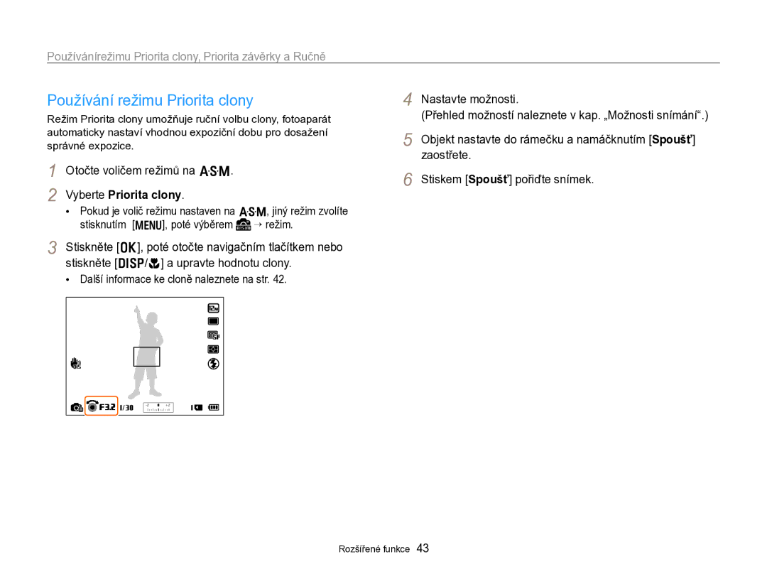 Samsung EC-WB750ZBPBE3 manual Používání režimu Priorita clony, Používánírežimu Priorita clony, Priorita závěrky a Ručně 