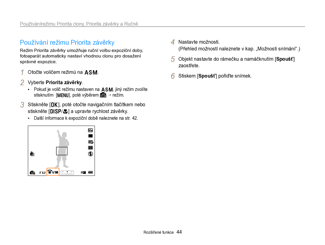 Samsung EC-WB750ZBPBE3 manual Používání režimu Priorita závěrky, Otočte voličem režimů na G Vyberte Priorita závěrky 