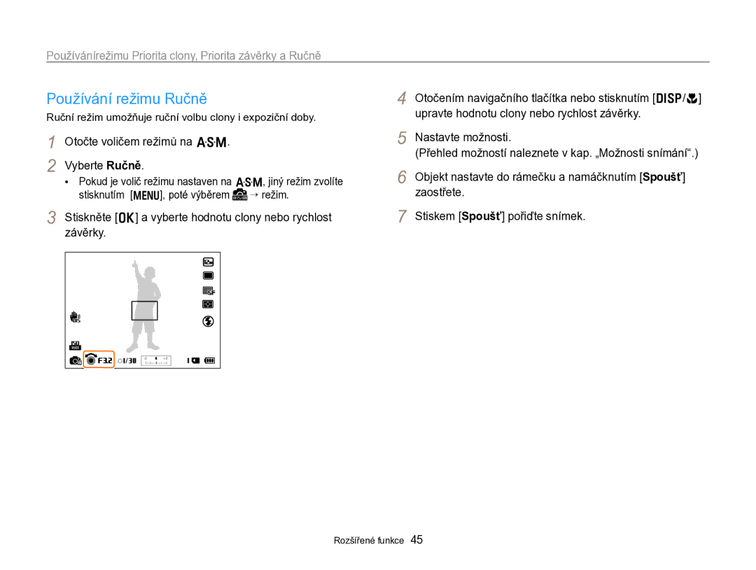 Samsung EC-WB750ZBPBE3 manual Používání režimu Ručně, Otočte voličem režimů na G Vyberte Ručně 