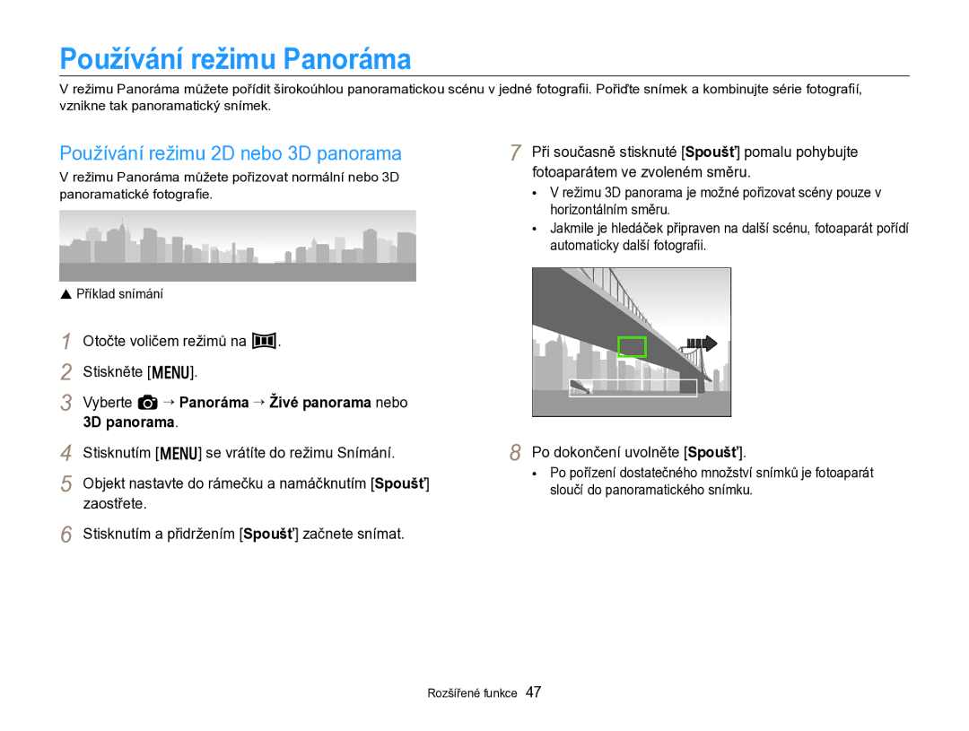 Samsung EC-WB750ZBPBE3 manual Používání režimu Panoráma, Používání režimu 2D nebo 3D panorama 