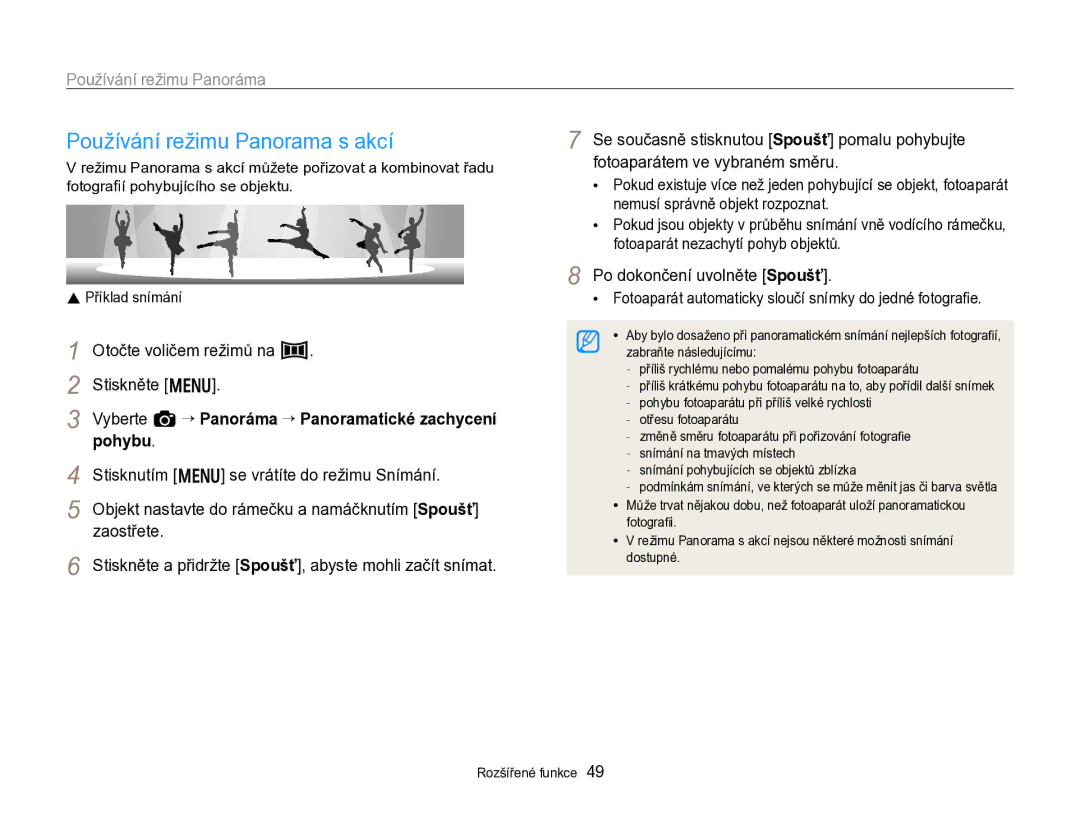 Samsung EC-WB750ZBPBE3 Používání režimu Panorama s akcí, Po dokončení uvolněte Spoušť, Nemusí správně objekt rozpoznat 