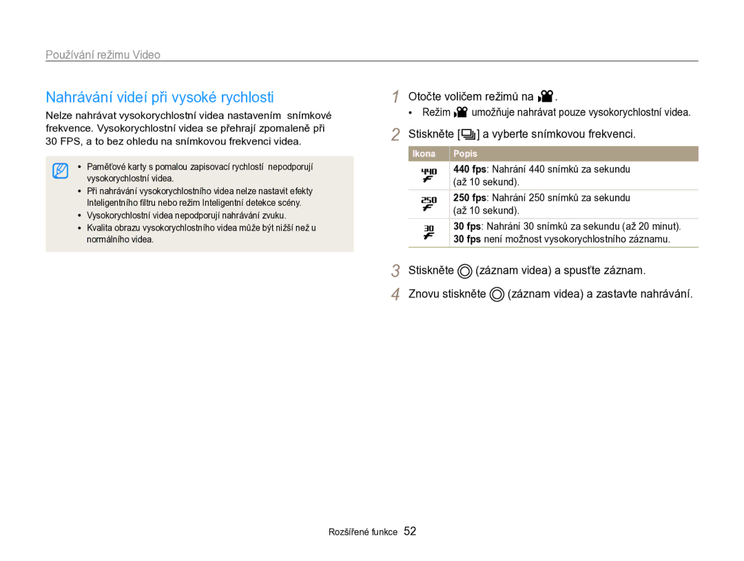 Samsung EC-WB750ZBPBE3 manual Nahrávání videí při vysoké rychlosti, Otočte voličem režimů na 