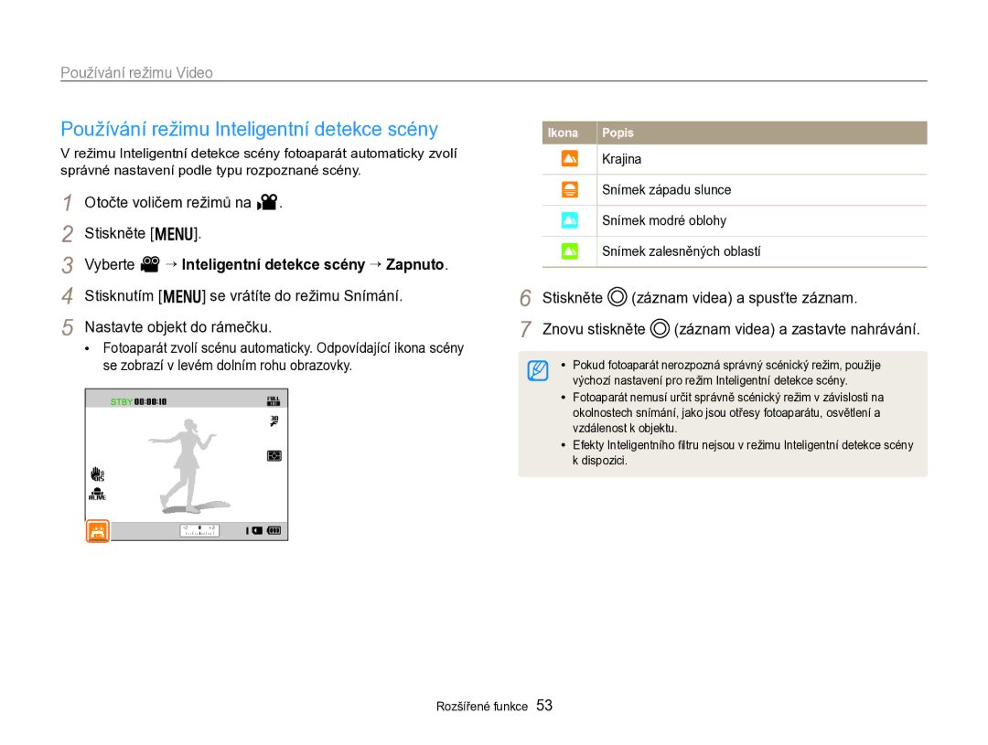 Samsung EC-WB750ZBPBE3 manual Výchozí nastavení pro režim Inteligentní detekce scény 