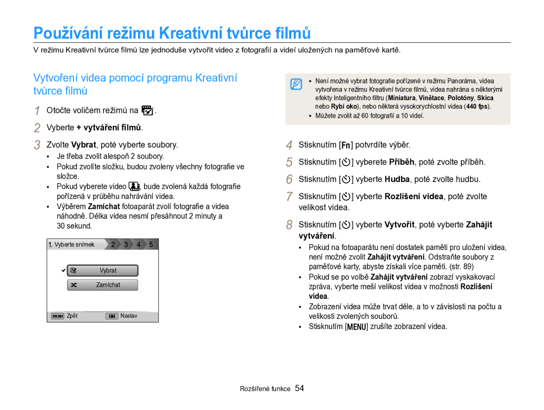 Samsung EC-WB750ZBPBE3 manual Používání režimu Kreativní tvůrce ﬁlmů, Vytvoření videa pomocí programu Kreativní tvůrce ﬁlmů 