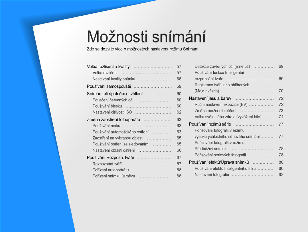 Samsung EC-WB750ZBPBE3 manual Možnosti snímání, Zde se dozvíte více o možnostech nastavení režimu Snímání 