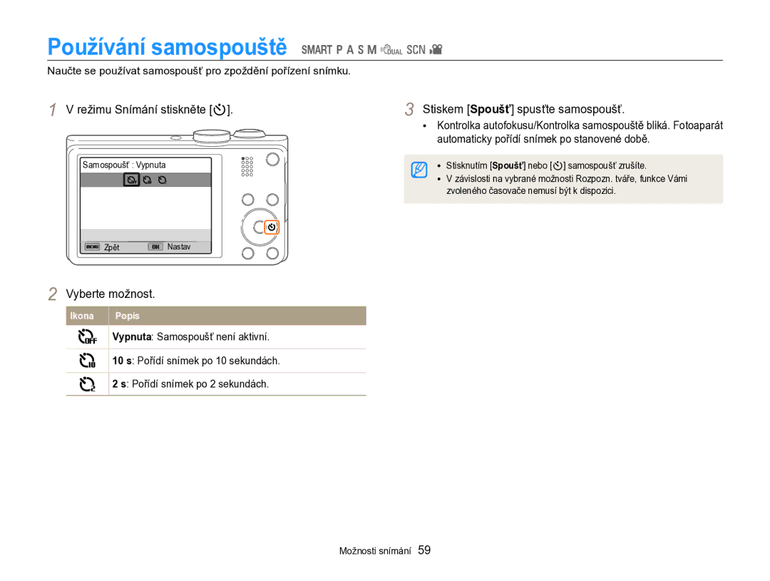 Samsung EC-WB750ZBPBE3 Používání samospouště S p a h M d s, Režimu Snímání stiskněte t, Stiskem Spoušť spusťte samospoušť 