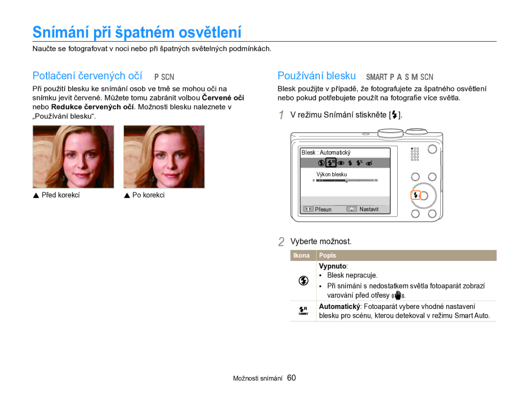 Samsung EC-WB750ZBPBE3 Snímání při špatném osvětlení, Potlačení červených očí p s, Používání blesku S p a h M s, Vypnuto 