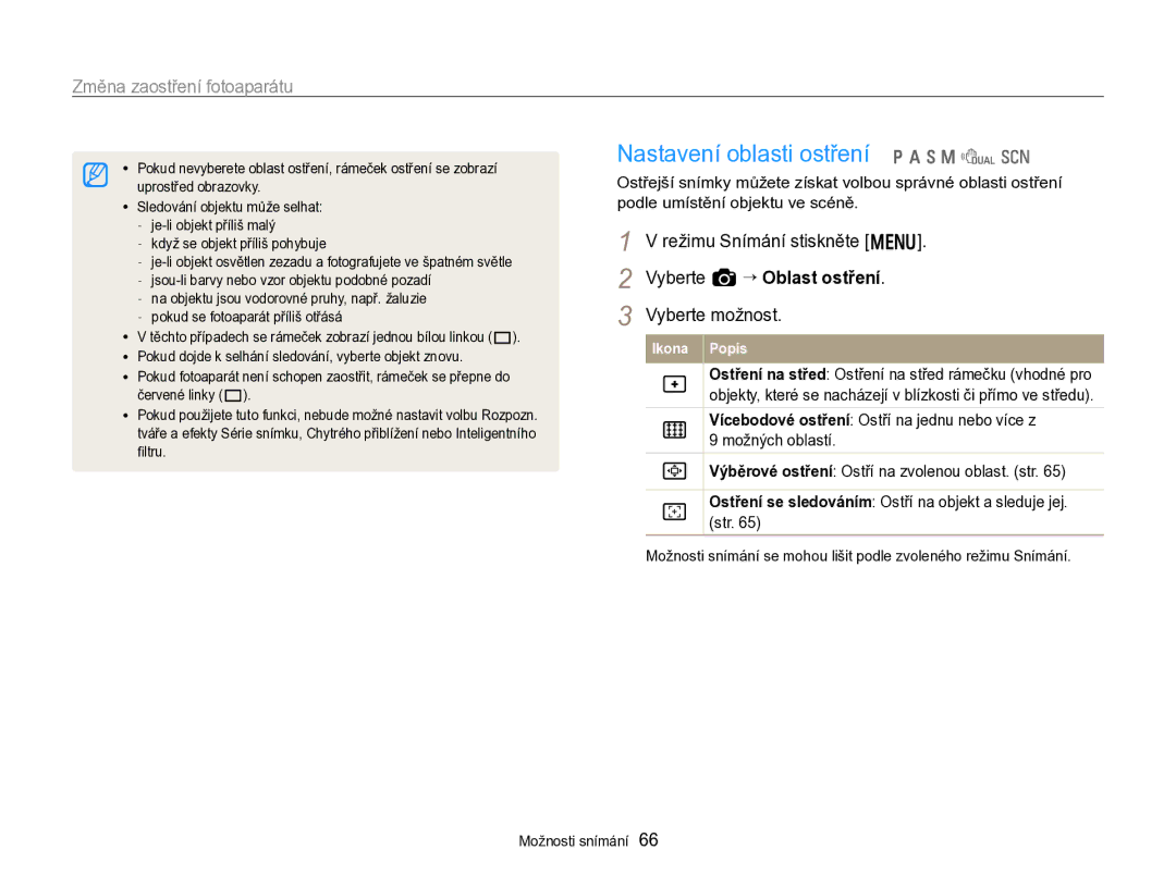 Samsung EC-WB750ZBPBE3 manual Nastavení oblasti ostření, Podle umístění objektu ve scéně, Vyberte a “ Oblast ostření 