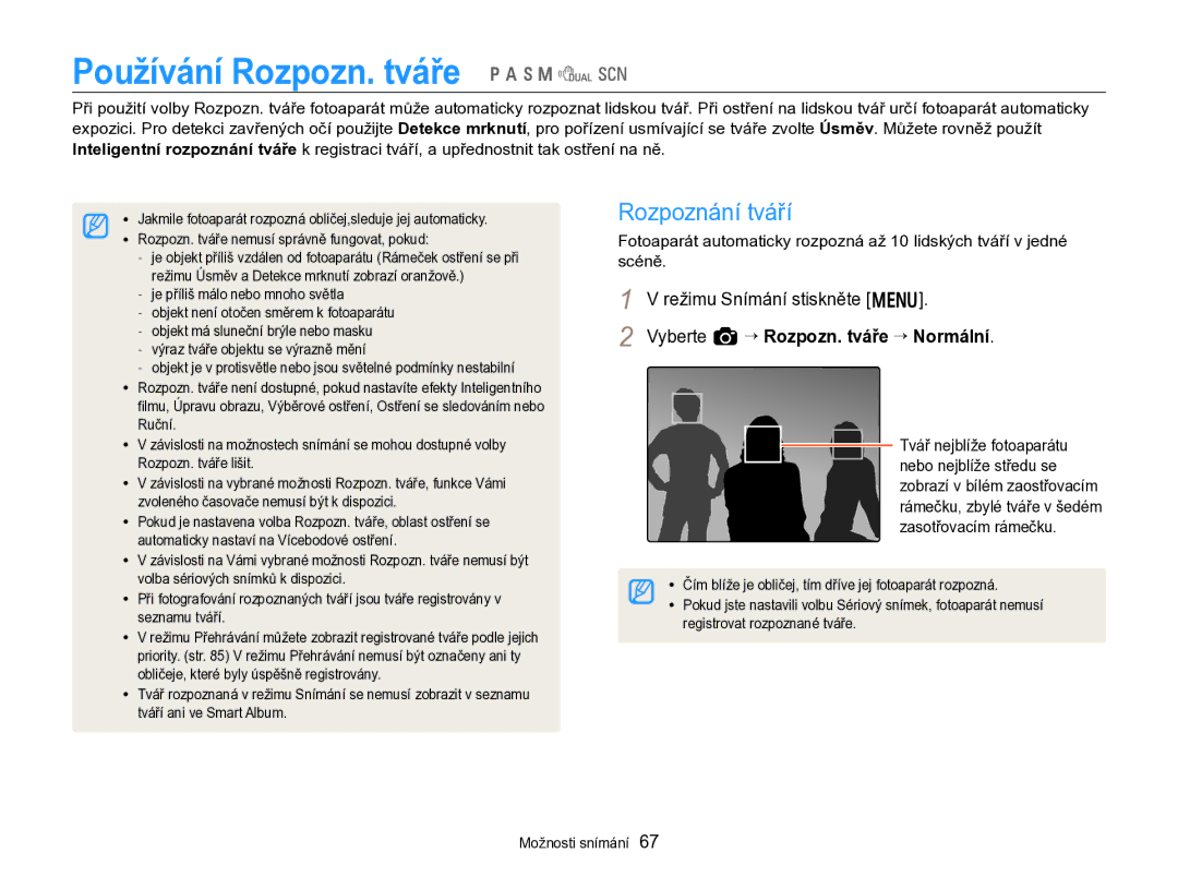 Samsung EC-WB750ZBPBE3 manual Používání Rozpozn. tváře p a h M d s, Rozpoznání tváří, Vyberte a “ Rozpozn. tváře “ Normální 